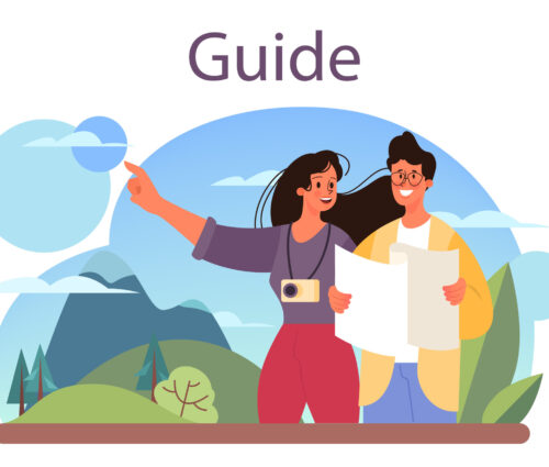 Tour vacation guide concept. Tourists listening to the history of the city and attractions. Tour entertainment. Idea of traveling and learning. Isolated vector illustration