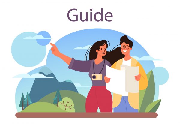 Tour vacation guide concept. Tourists listening to the history of the city and attractions. Tour entertainment. Idea of traveling and learning. Isolated vector illustration